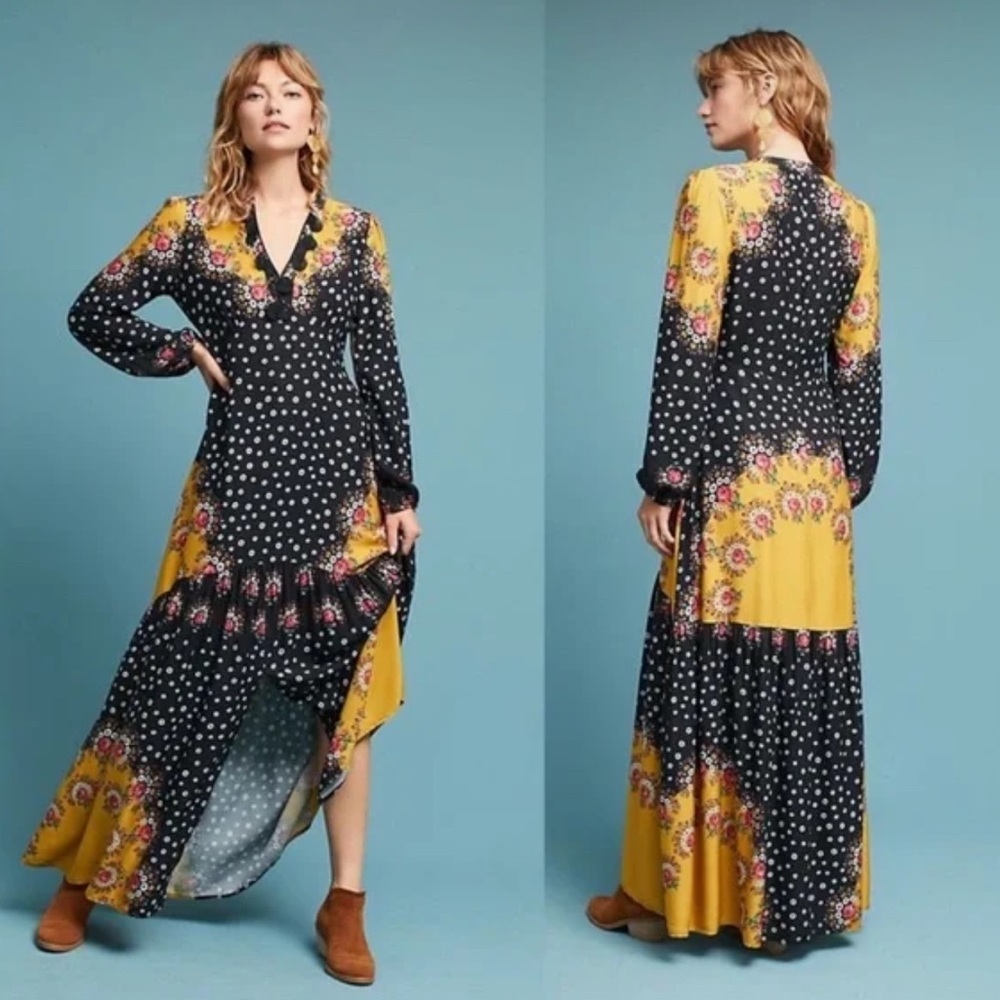 NWT Farm Rio x anthropologie Maxi Dress in Black and Yellow Floral